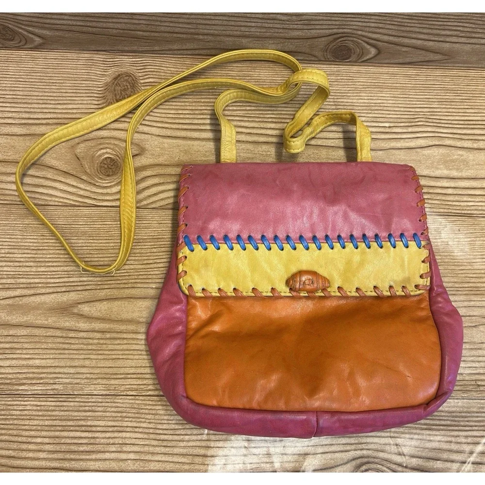 VTG SAMIR Leather Handbag Purse Pop Art High Fashion Funky Pink Orange Yellow
